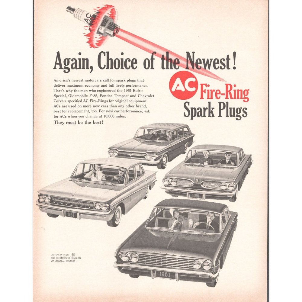 1960 AC Fire Ring Spark Plugs Vintage Print Ad Pontiac Buick Chevy Oldsmobile